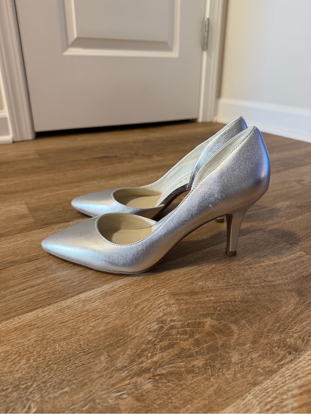 Anne Klein Silver Pointed Toe Mid-Heel Pumps
